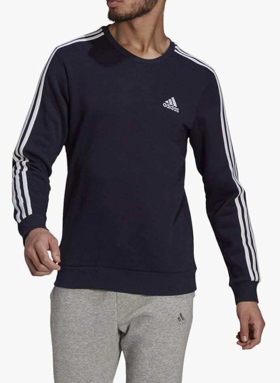 adidas Men's Essentials Fleece 3-Stripes Sweatshirt, Ink/White, XX-Large